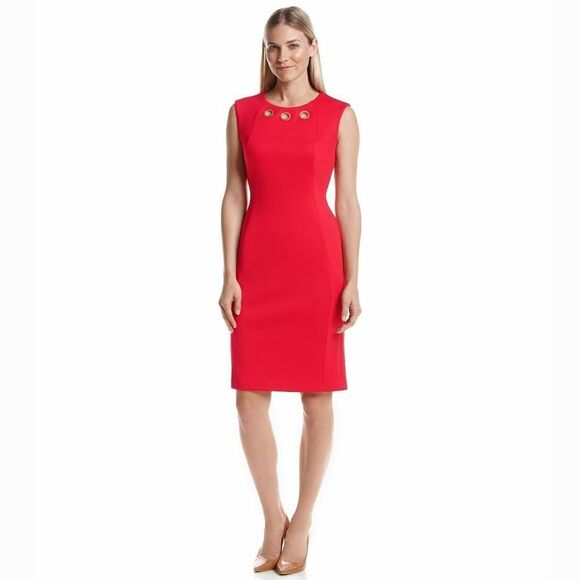 New! CALVIN KLEIN Women's Grommet Accent Ponte Knit Red Sheath Dress - Picture 1 of 4